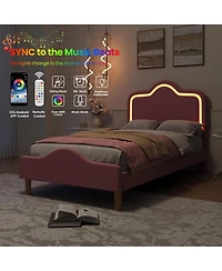 gaomon Twin Princess Platform Bed Frame with Rgb Led Lights Adjustable Velvet Headboard Wood Slat Support No Box Spring
