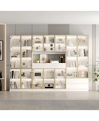 Homsee Large 30-Shelf Wood Standard Bookcase With Doors,Led Lights,Drawers