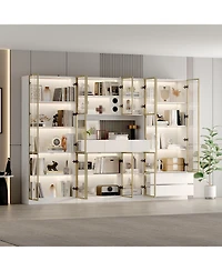 Homsee Large 30-Shelf Wood Standard Bookcase With Doors,Led Lights,Drawers