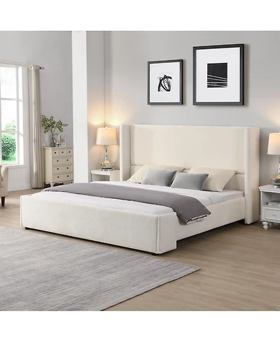 Streamdale Furniture Elegant White Fabric Upholstered Bed with Tall Headboard