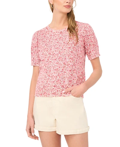 1.state Women's Floral Print Short-Sleeve Crewneck Sweater
