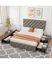 gaomon Bed Frame 4 Drawers Adjustable Headboard Linen Upholstered Diamond Tuft No Box Spring