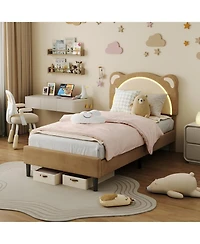 gaomon Twin Bed Frame for Kids Upholstered Adjustable Headboard Led Light Wood Slats No Box Spring Coffee