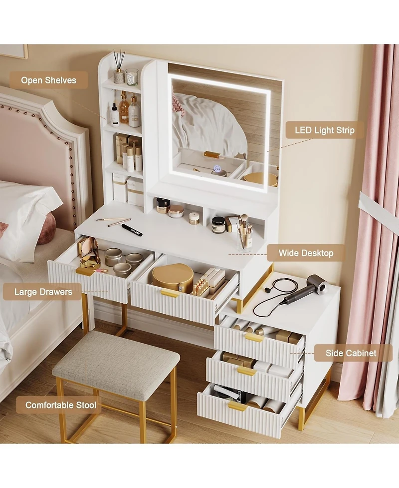 gaomon Makeup Vanity Set with Led Mirror 5 Drawers 3 Color Modes