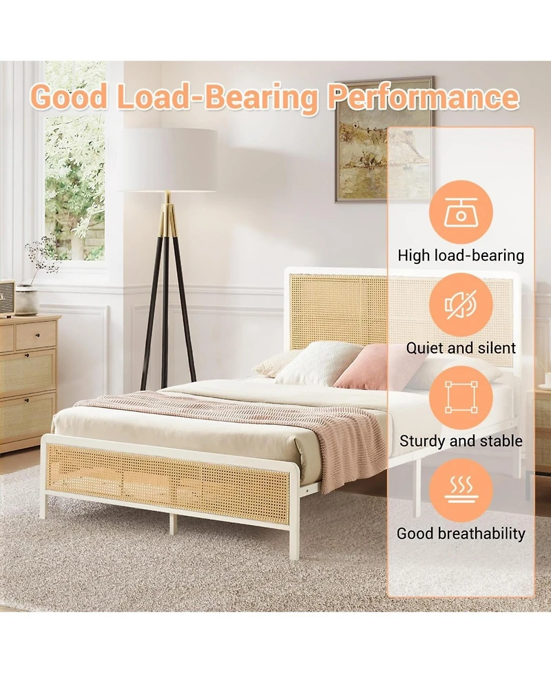 gaomon Full Rattan Bed Frame With Led Headboard Metal Platform Storage Rounded Corners Noise Free No Box Spring