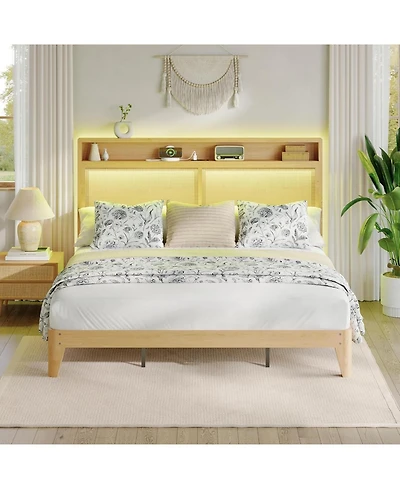 gaomon Rattan Bed Frame with Led Charging Bohemian 2 Tier Storage Headboard Solid Wood Silent Slats No Box Spring