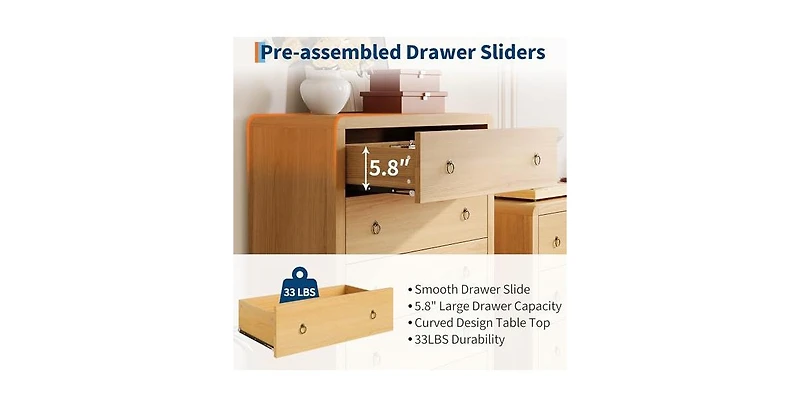 gaomon 5 Drawer Dresser for Bedroom, 47" Tall Modern Chest of Drawers, Curved Profile Design