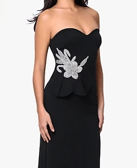 Betsy & Adam Women's Strapless Floral Accent Gown