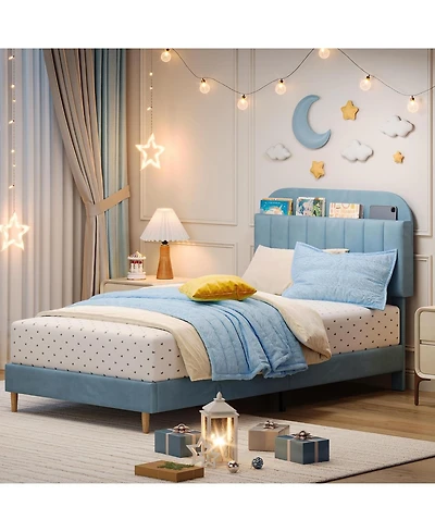 gaomon Twin Bed Frame Storage Headboard Velvet Upholstered Platform Bed Kids Wood Slats Noise Free
