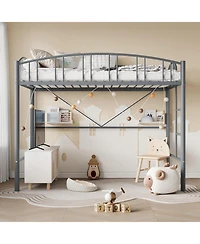 gaomon Space Saving Twin Metal Loft Bed Frame Modern Arched Guardrail Safety Ladder Steel Slats Matte