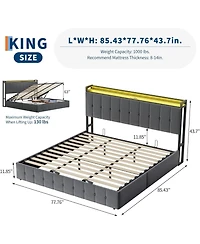 gaomon King Lift Up Storage Bed Frame Velvet Upholstered Hydraulic Platform Storage Headboard Led Charging Wood Slats No Box Spring