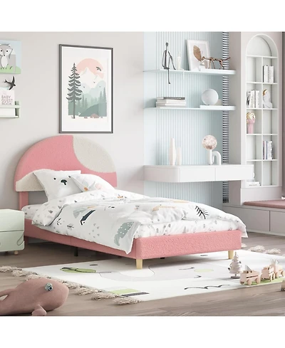 gaomon Modern Arch Boucle Twin Bed Frame Soft Pink and Beige Headboard Wooden Slats No Box Spring Cozy Bedroom