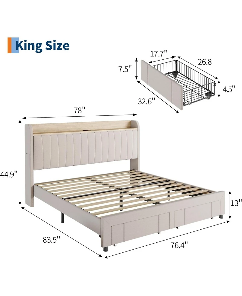 gaomon King Upholstered Bed Frame With Storage Headboard Charging Drawers Platform No Box Spring Easy Build