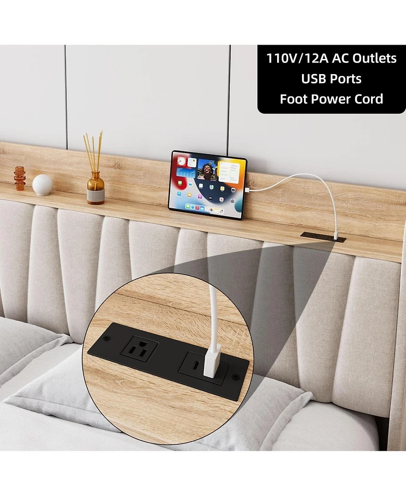 gaomon Queen Bed Frame With Drawer Upholstered Storage Headboard Charging Platform Wood Slats No Box Spring