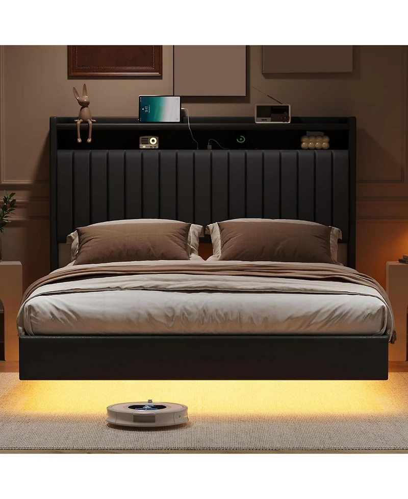 gaomon Queen Floating Bed Frame 50 Inch Led Headboard Charging Station Platform Hidden Legs