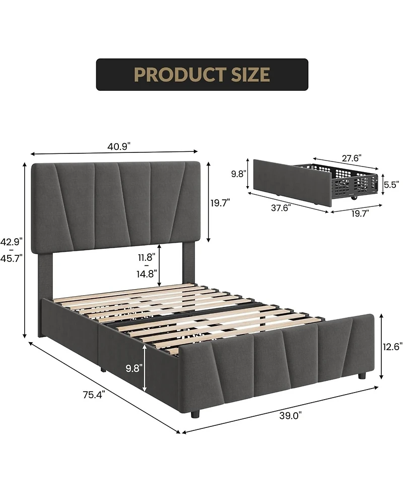 gaomon Bed Frame with 4 Storage Drawers and Headboard, Upholstered Platform Bed Frame with Wooden Slats Support, No Box Spring Needed, Noise Free