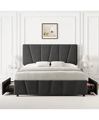 gaomon Bed Frame with 4 Storage Drawers and Headboard, Upholstered Platform Bed Frame with Wooden Slats Support, No Box Spring Needed