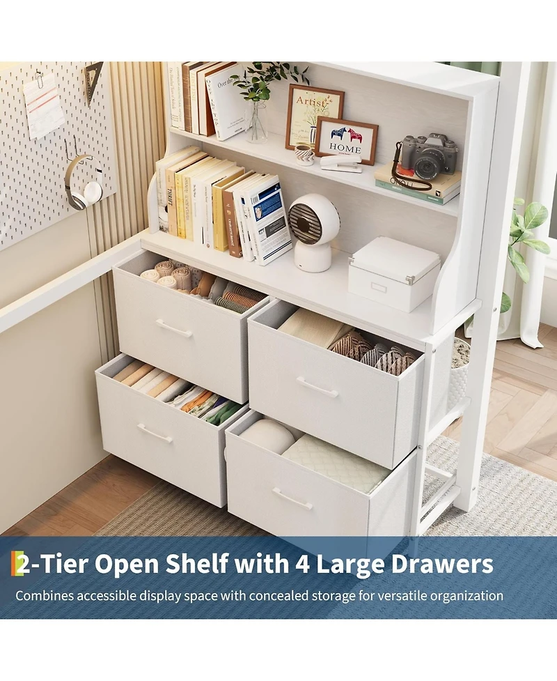 gaomon Loft Bed with Desk, 4 Large Fabric Drawers and 2 Storage Shelves, Heavy Duty Metal Led Lights & Charging Sation, Safety Guard