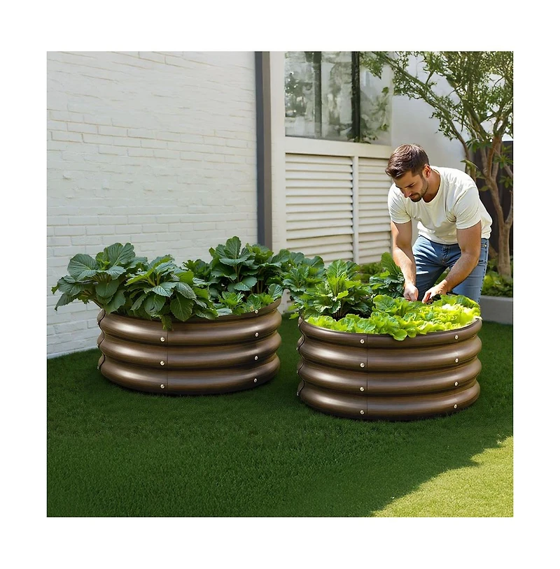 Slickblue 3 Piece Galvanized Steel Planter Boxes Open Bottom Wood Grain