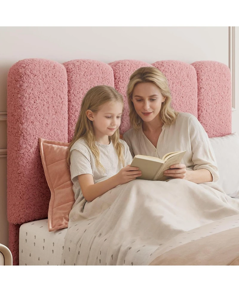 gaomon Upholstered Bed Frame Boucle Platform Wave Headboard for Kids No Box Spring Wood Slats Noise Free