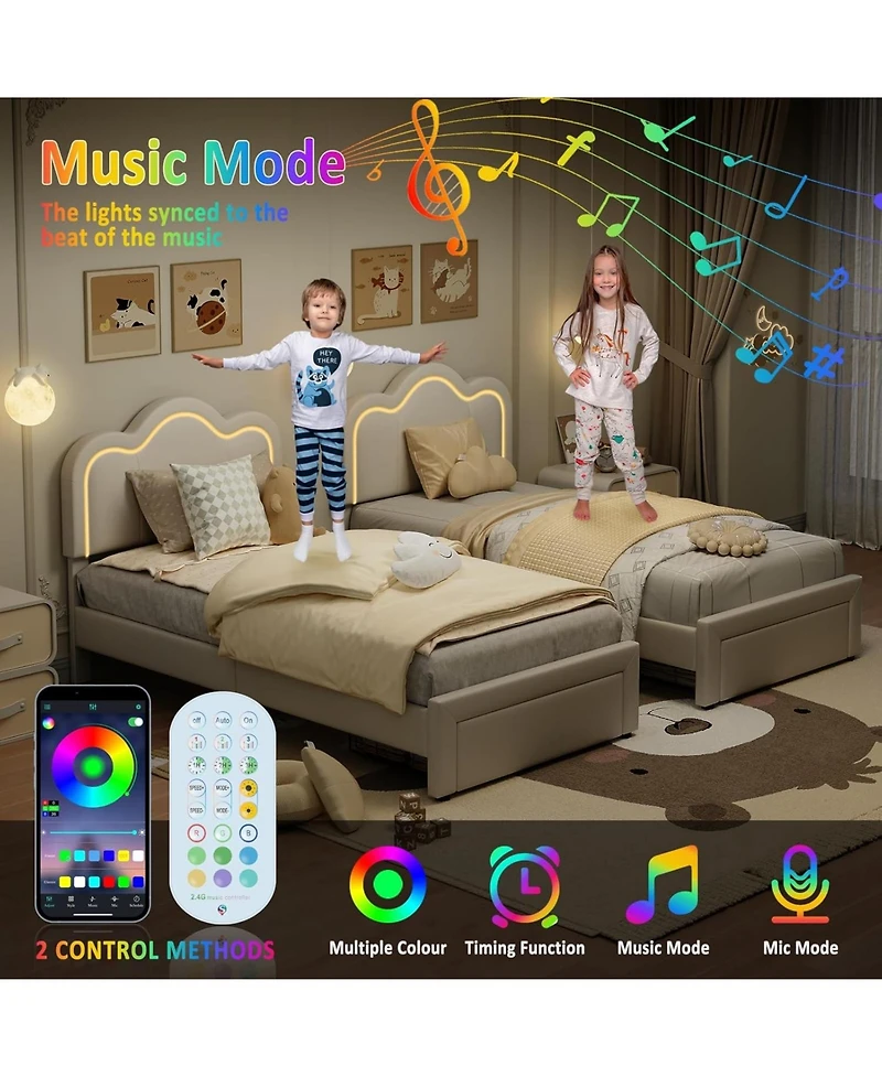 gaomon Smart Led Bed Frame Faux Leather Headboard Platform Kids Wooden Slats No Box Spring With Drawer