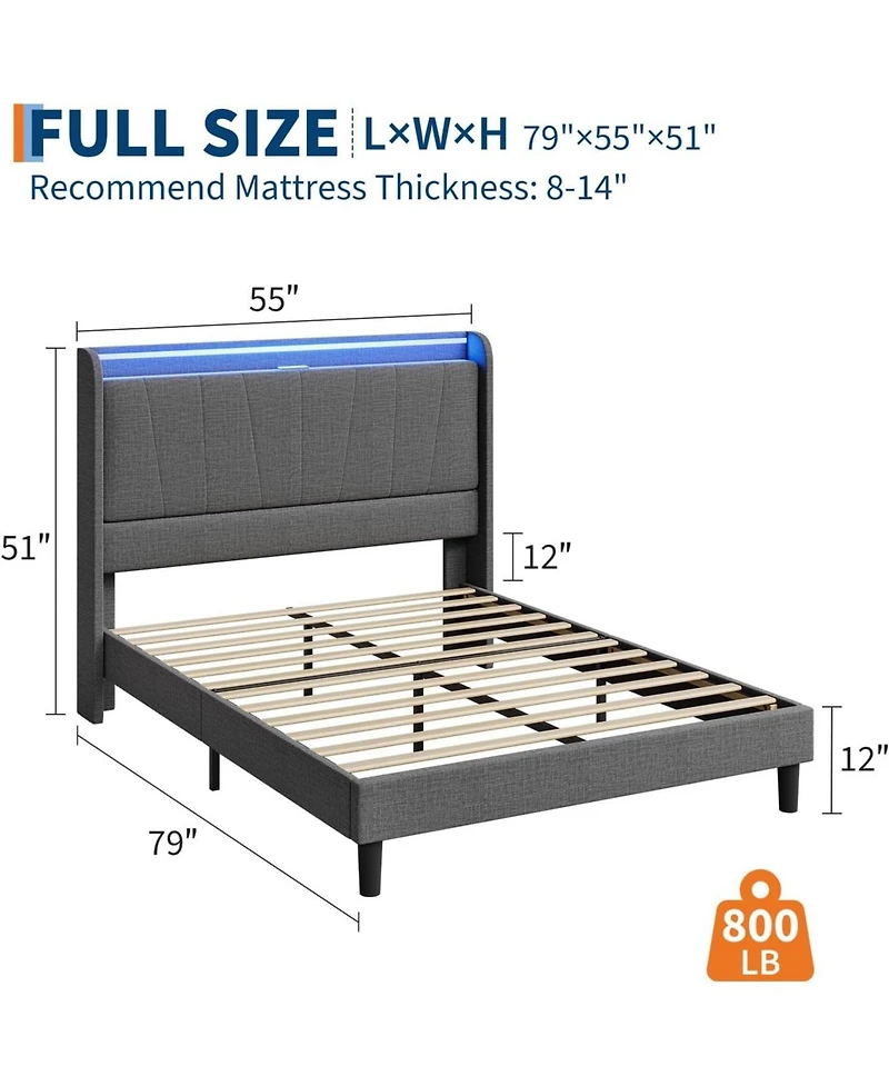 gaomon Upholstered Platform Bed Frame Headboard Charging Station Led Under Bed Storage Noise Free Easy Assembly