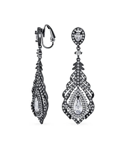 Bling Jewelry Art Deco Style Cubic Zirconia Leaf Teardrop Statement Cz Chandelier Clip On Earrings