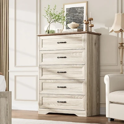 gaomon 5-Drawer Tall Dresser for Bedroom, Farmhouse Wooden Chest with Wide Metal Handles, Storage Organizer