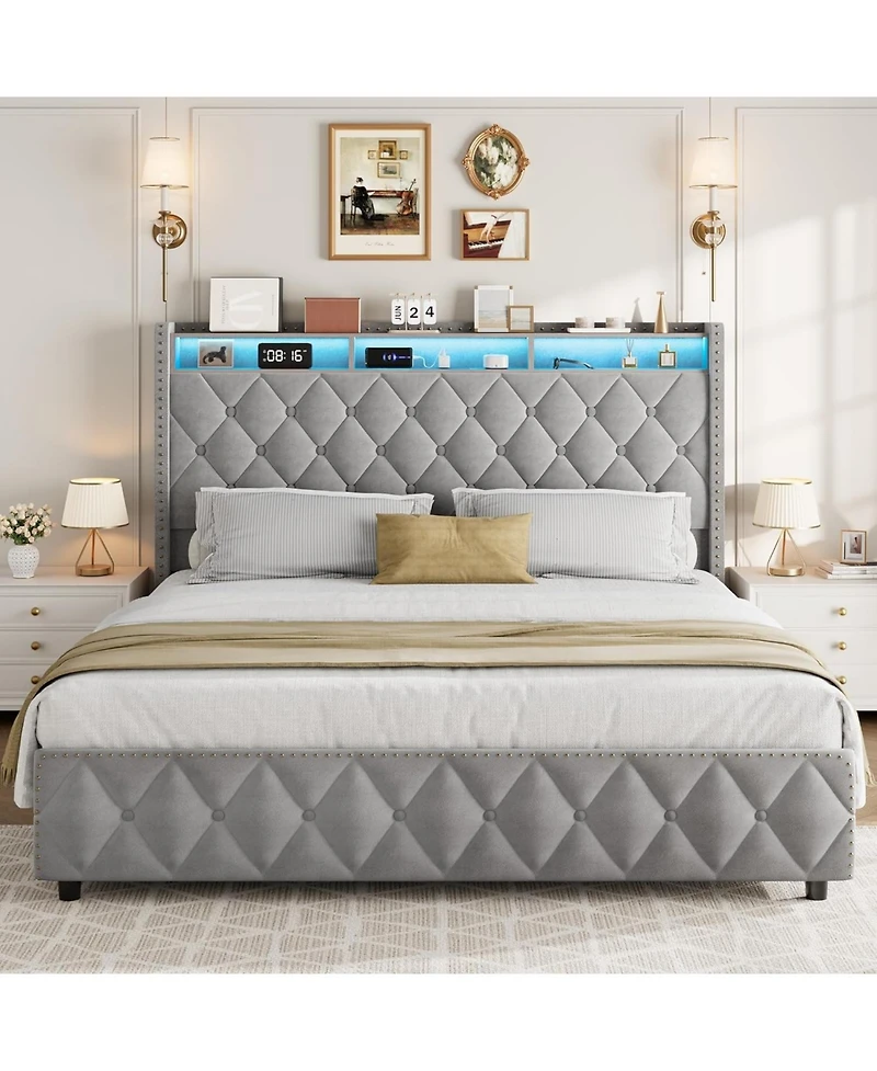 gaomon Queen Velvet Upholstered Platform Bed Frame with 4 Drawers Usb Charging Station Led Easy Assembly Wooden Slat Support