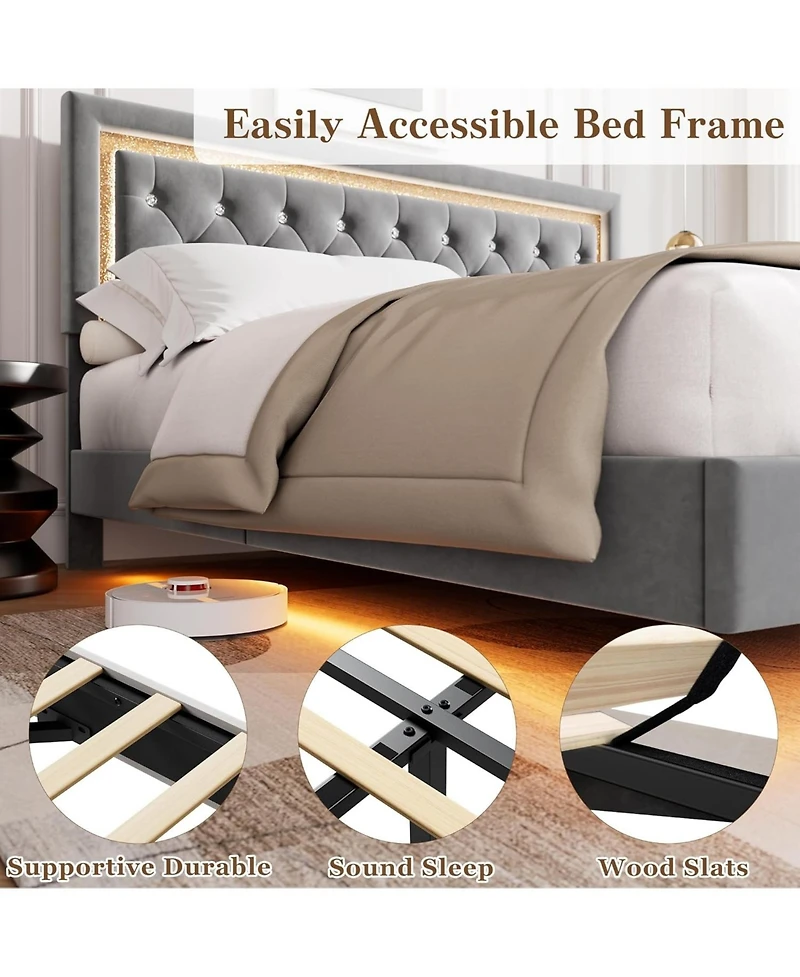 gaomon Floating Bed Frame with Smart Led Upholstery Diamond Headboard Wood Slats No Box Spring Needed Noise Free