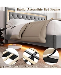 gaomon Floating Bed Frame with Smart Led Upholstery Diamond Headboard Wood Slats No Box Spring Needed Noise Free