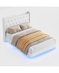 gaomon Modern Queen Floating Bed Frame With Led Lights Soft Fabric Storage Headboard Noise Free No Box Spring