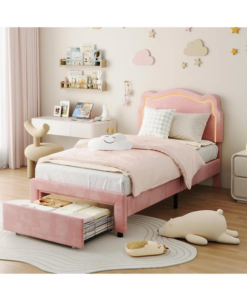 gaomon Twin Velvet Bed Frame Smart Led Adjustable Bear Headboard Wooden Slats Kids Platform No Box Spring