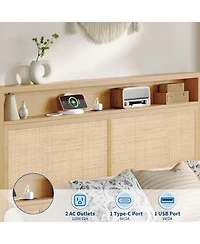gaomon Full Rattan Bed Frame with Natural Rattan Headboard Led Lights Charging Station 2 Tier Storage Headboard Under Bed Storage