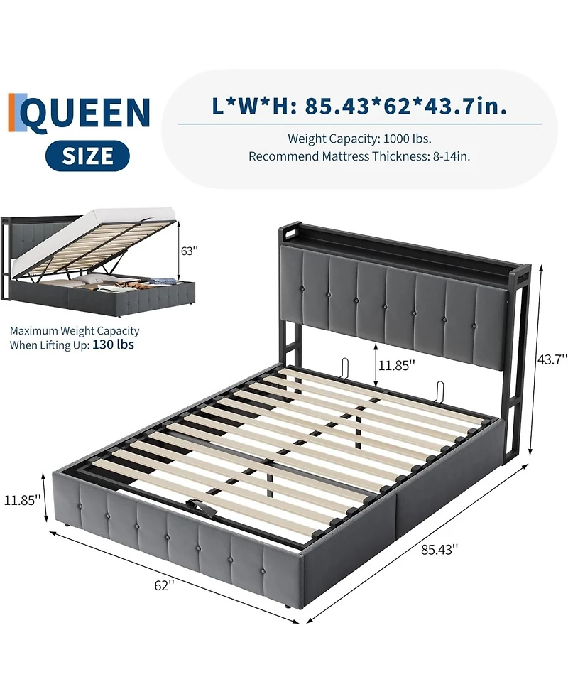 gaomon Queen Hydraulic Lift Up Storage Upholstered Bed Frame Button Headboard Wood Slats Metal Platform Noise Free