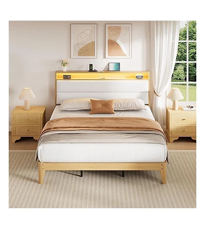 gaomon Boucle Bed Frame with Led Lights Charging 2 Storage Headboards No Box Spring Easy Assembly Noise Free