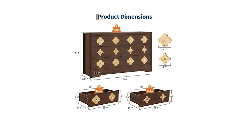 gaomon 6 Drawer Dresser for Bedroom, 47.2'' Wide Dresser, Boho Chest of Drawers, Wooden Chest with Clothes Storage Cabinet