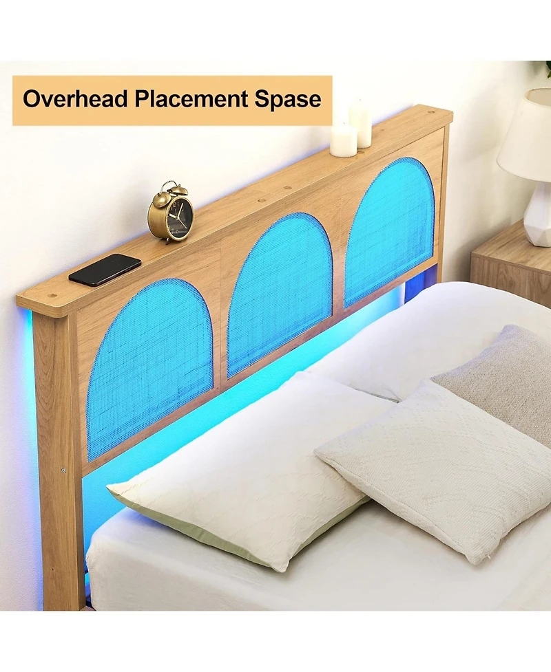 gaomon Queen Bed Frame With Rattan Headboard and Led Lights Wood Slats Support Mattress No Box Spring Easy Assembly