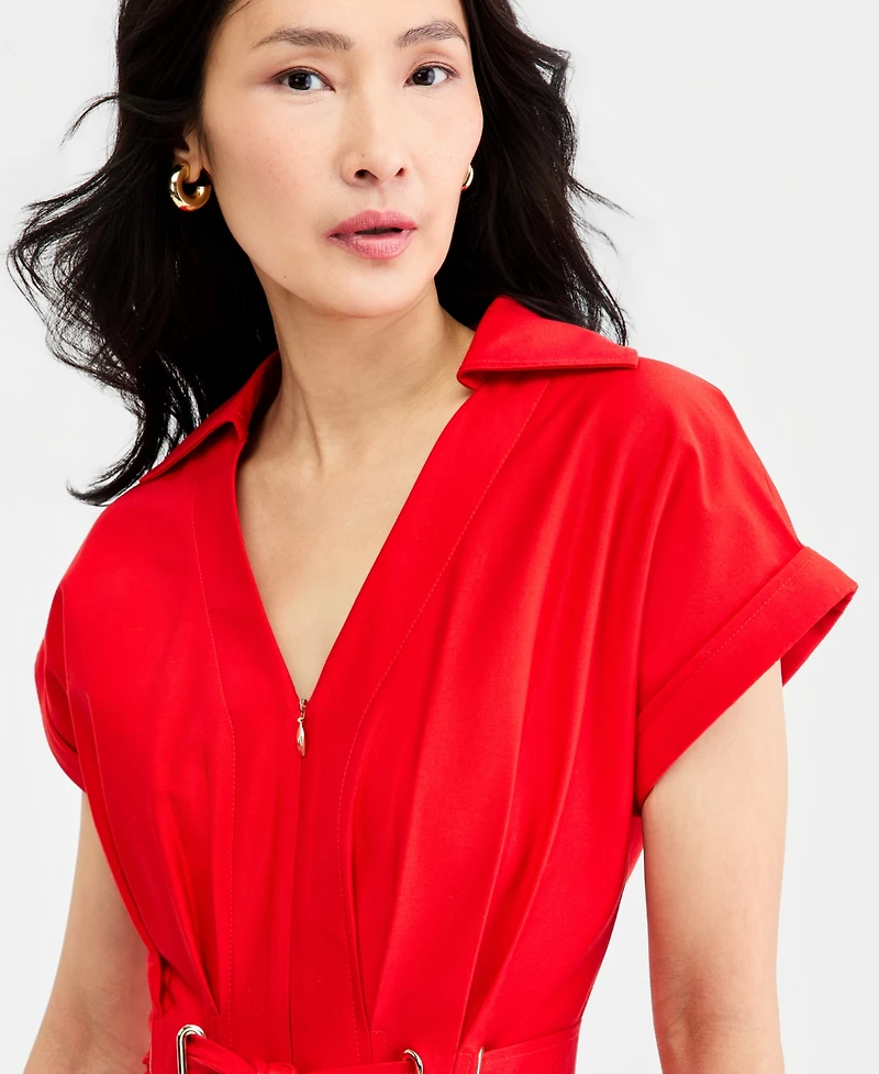 Halston Women's Collared Belted Grommet-Waist Midi Dress