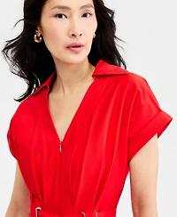 Halston Women's Collared Belted Grommet-Waist Midi Dress