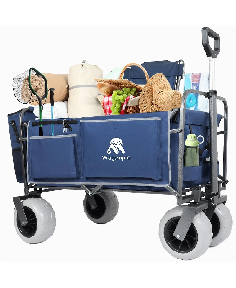 Rainsken Folding Beach Wagon - All Terrain Steel Frame Utility Cart with Unique Strapping System for Beach, Sports and Garden