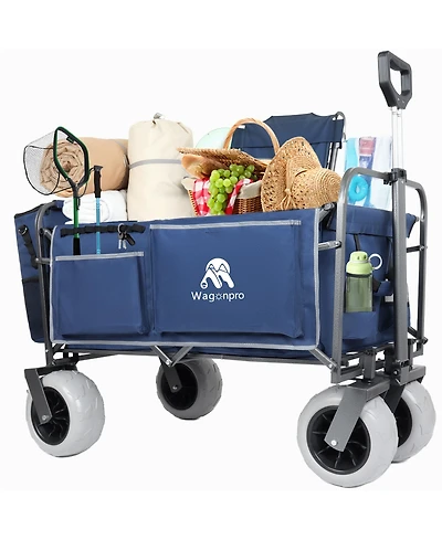Rainsken Folding Beach Wagon - All Terrain Steel Frame Utility Cart with Unique Strapping System for Beach, Sports and Garden