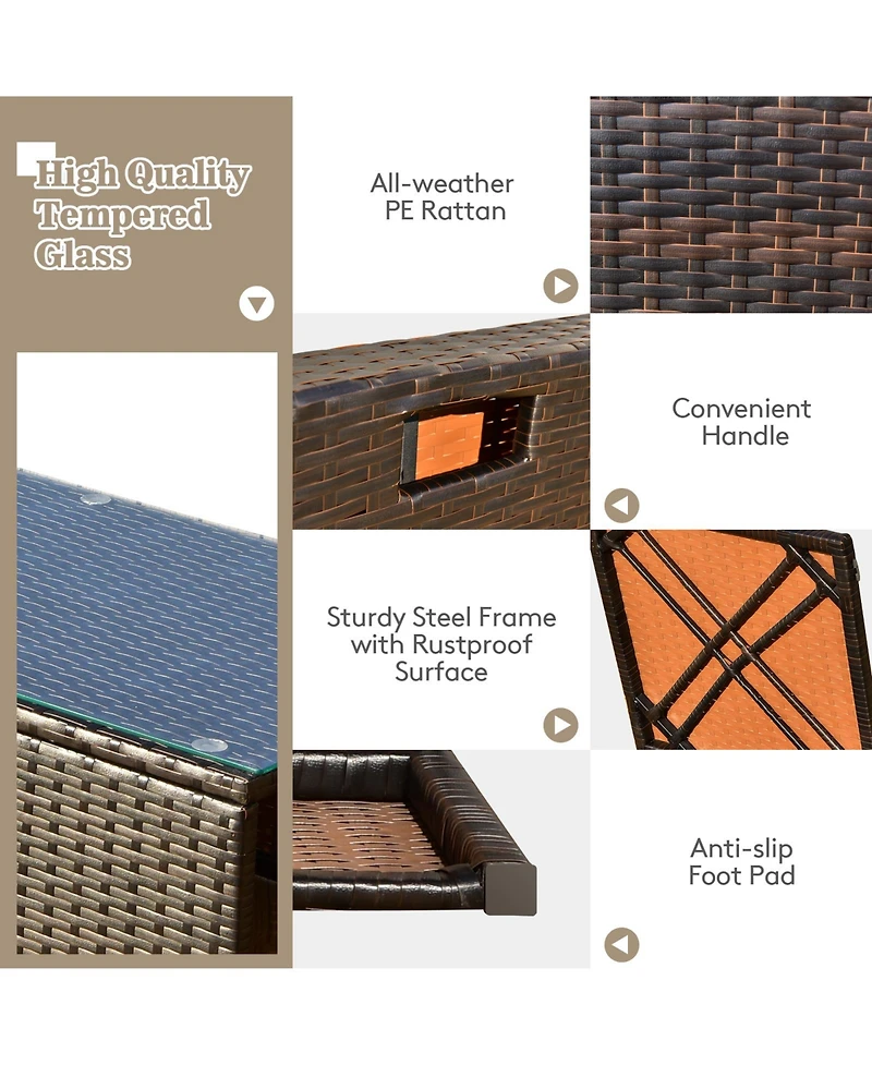 Gymax 8 Pcs Outdoor Wicker Furniture Set w/Storage Box Tempered Glass Table 2 Ottomans