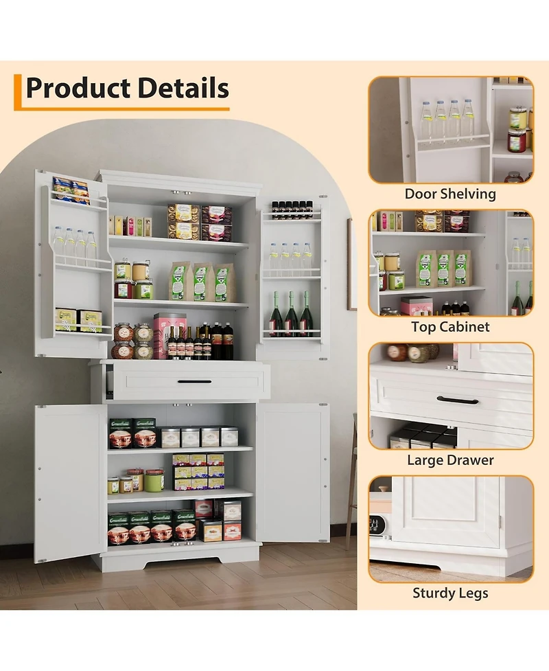 Gaomon 72" Tall Kitchen Pantry Storage Cabinet, Freestanding Cupboard with 1 Drawer & 4 Doors, 3 Adjustable Shelves, Large Storage Cabinet