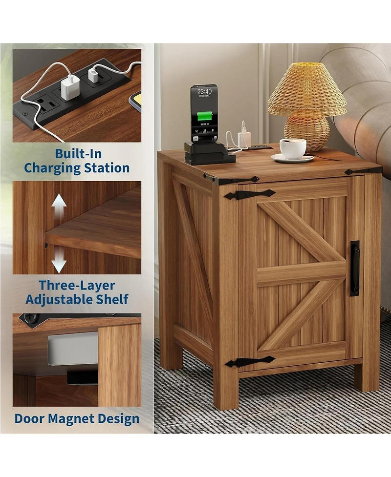 Gaomon Bedside Table with Usb Charging Station – Rustic Wooden Bedside Table with Sliding Barn Door, Adjustable Shelf