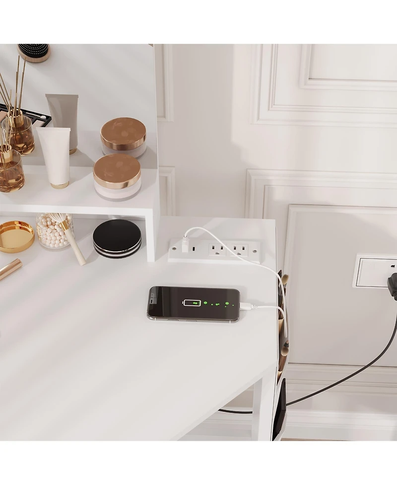 Gaomon Corner Makeup Vanity Desk with Led Lighted Mirror, Storage Cabinet and Charging Station