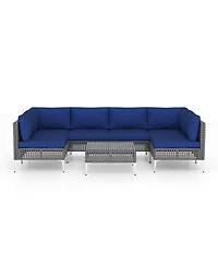 Gymax Set Of 7 Piece Outdoor Furniture Set w/Seat & Back Cushions Tempered Glass Coffee Table