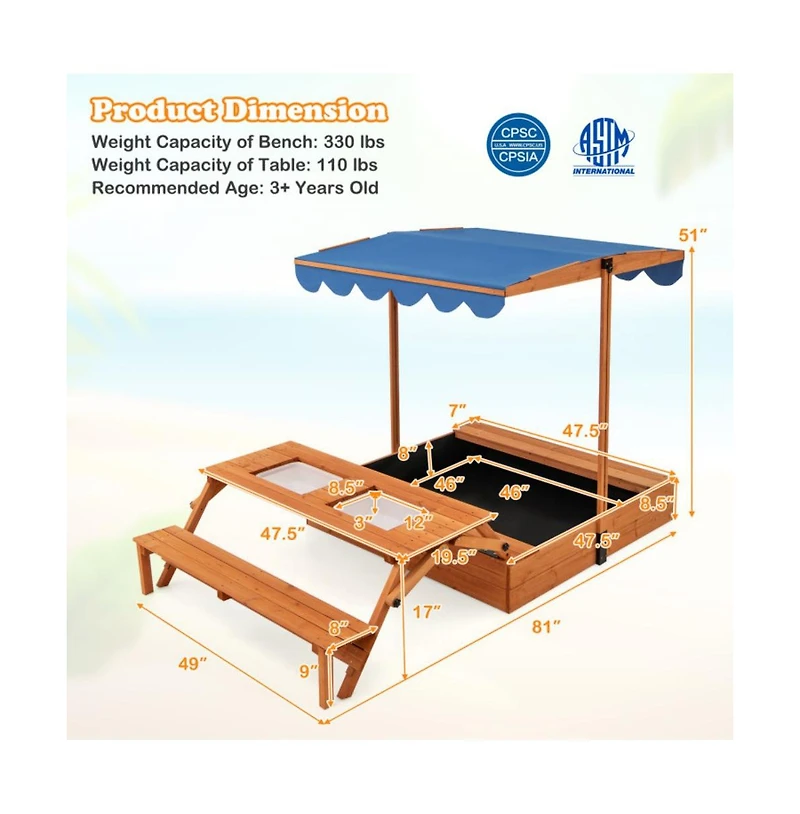 Hongge Kids Wooden Sand Box with Foldable Picnic Sensory Table and Bench