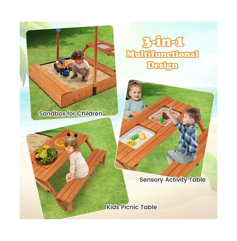 Hongge Kids Wooden Sand Box with Foldable Picnic Sensory Table and Bench