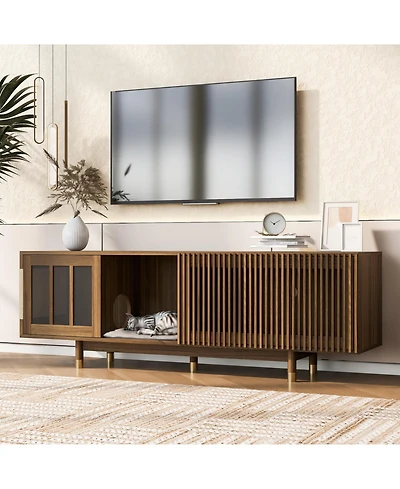 Streamdale Furniture Walnut Tv Stand - Sliding Glass Door